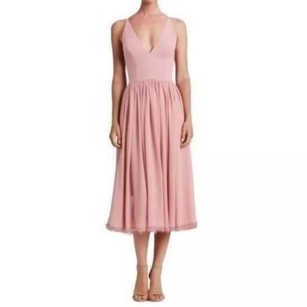 Dress the Population Alicia Dress Blush Pink Chiffon Midi Twirl V-Neck Size S